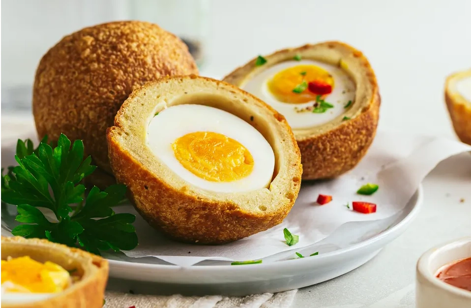 Golden egg rolls with boiled-egg centres