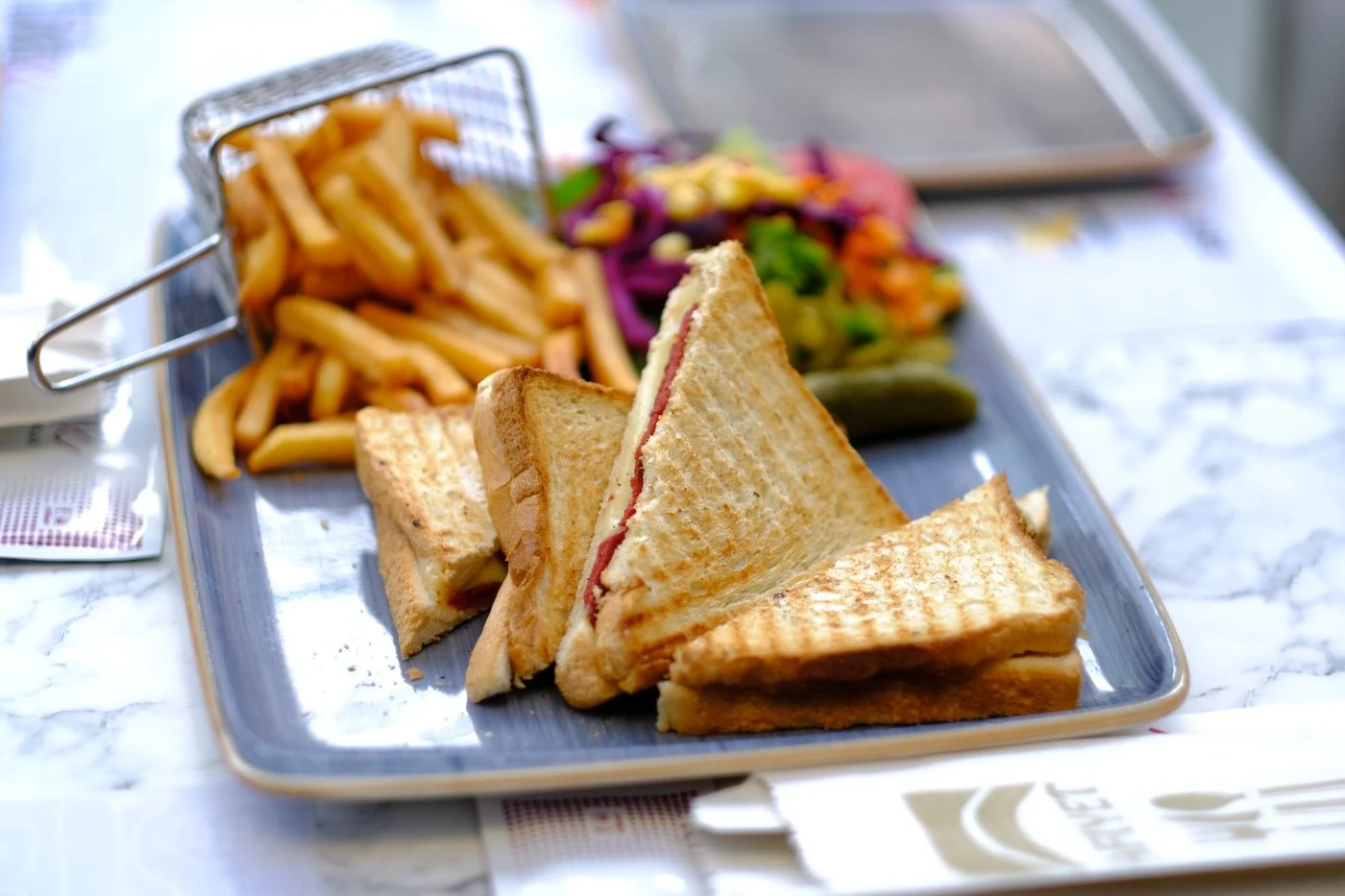 Toasted sandwich with fries and salad